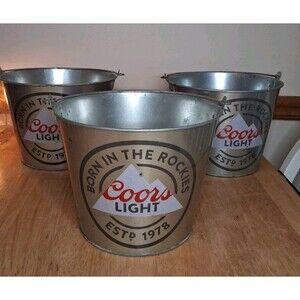 Coors Light Beer 5 Quart Metal Galvanized Ice Buckets Double Side Gray LOT OF 3